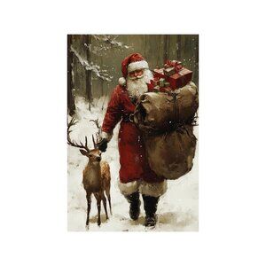 Santa Claus with Reindeer Unframed Canvas Wall Art  24" X 36"
